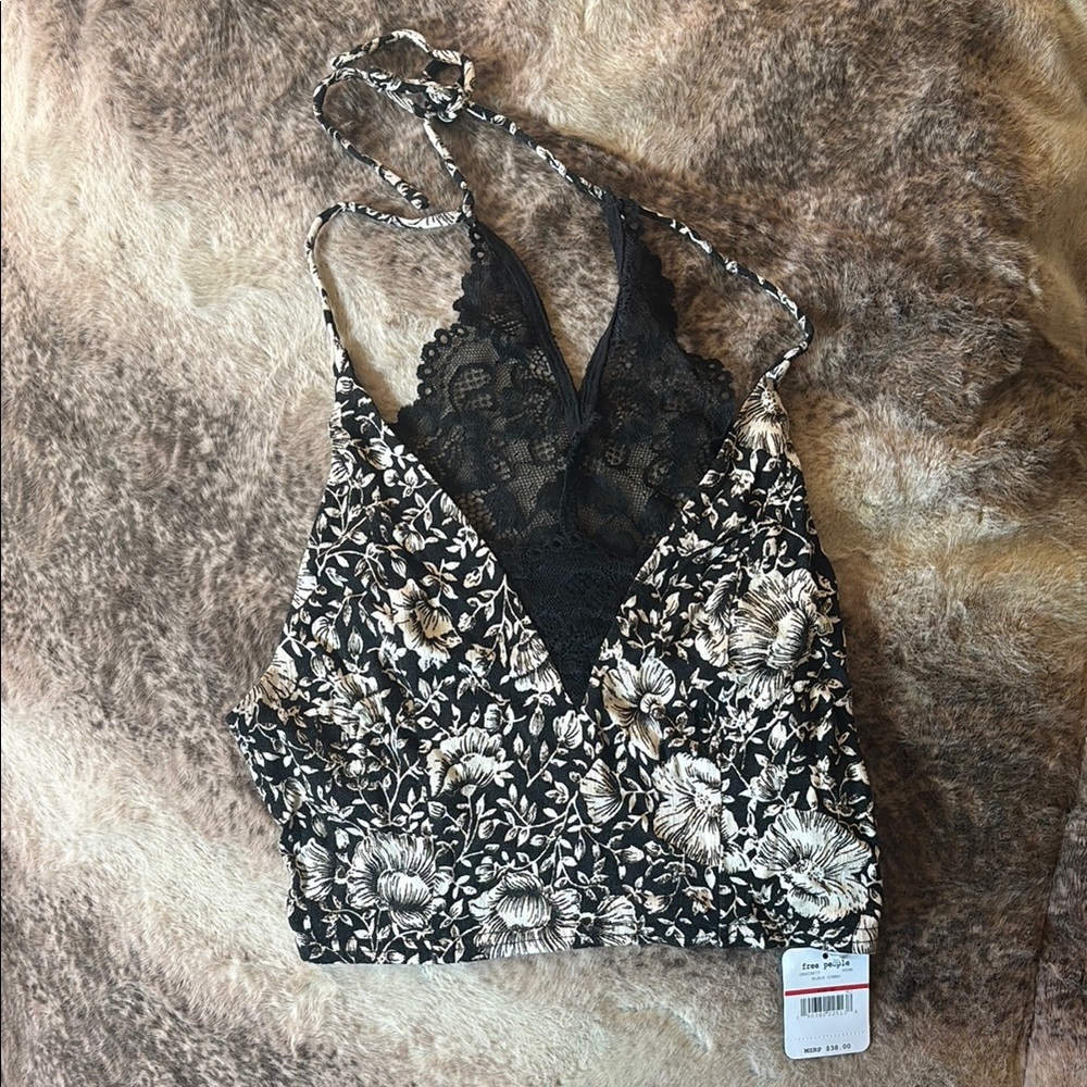 Free People Black and White Cream Floral Lace Top